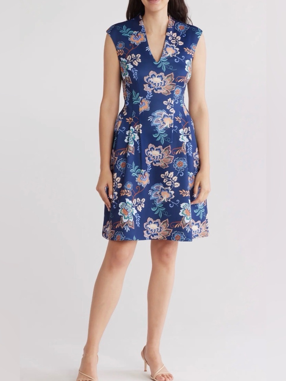 Vince Camuto Blue Floral Scuba Knit Fit & Flare Dress